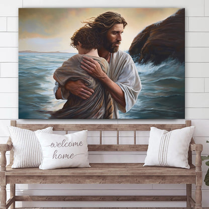 A Painting Of Jesus Carrying A Young Man - Canvas Picture - Jesus Christ Canvas - Christian Wall Art