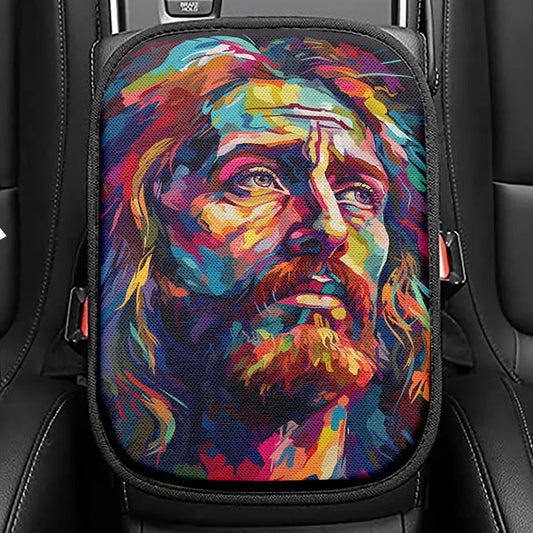 A Portrait Of Jesus Christ Behind A Sailor Seat Box Cover, Jesus Car Center Console Cover, Christian Car Interior Accessories