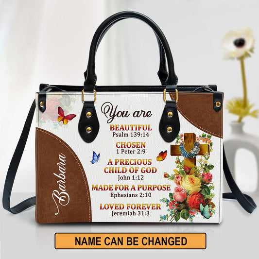 A Precious Child Of God Personalized Leather Handbag For Women Roses And Cross