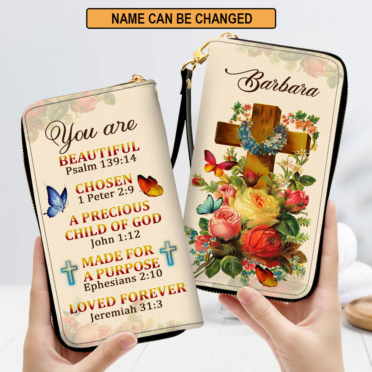 A Precious Child Of God Roses & Butterfly Beautiful Gift For Ladies Clutch Purse For Women - Personalized Name - Christian Gifts For Women
