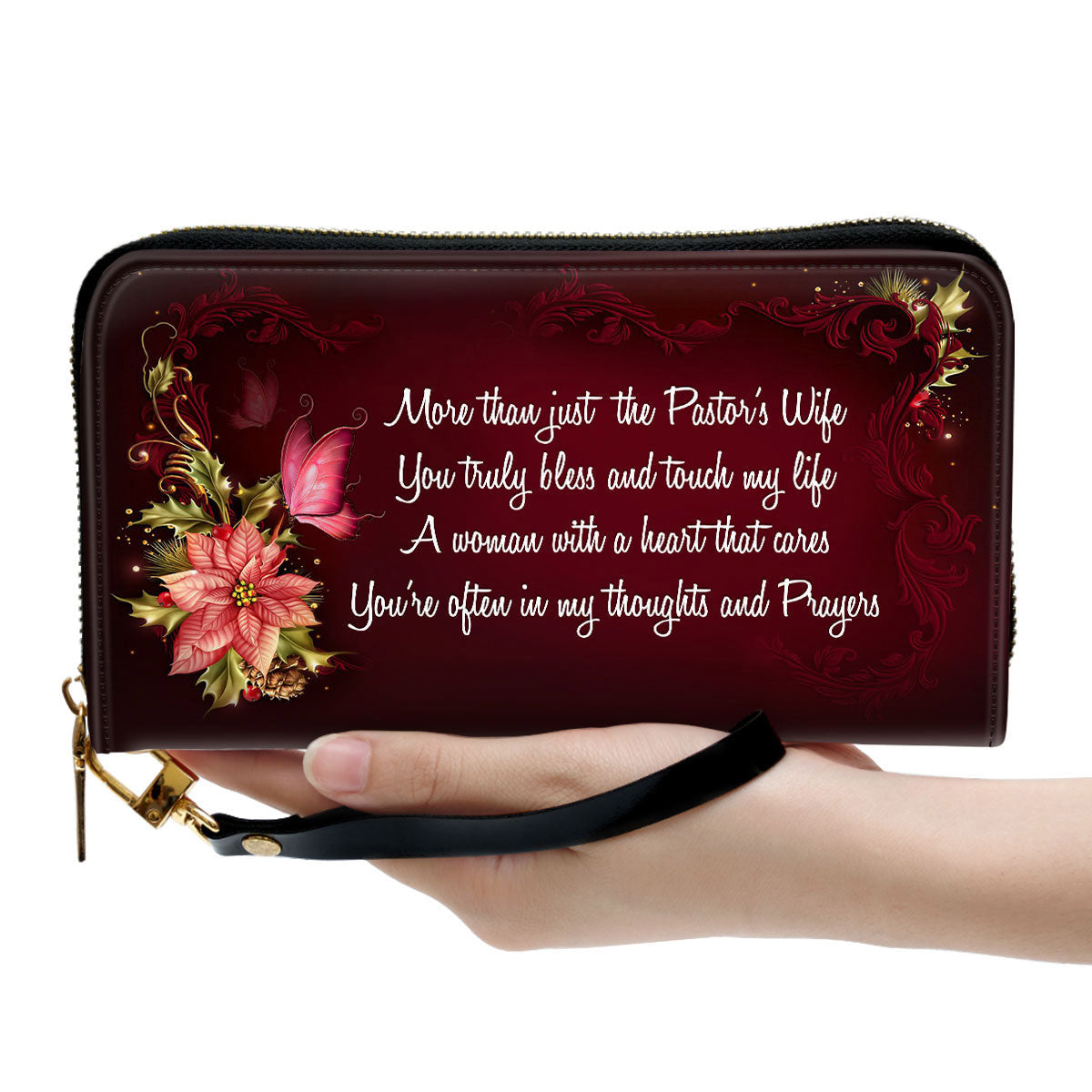 A Woman With A Heart That Cares Gift For Pastors's Wife Butterfly And Flower Clutch Purse For Women - Personalized Name - Christian Gifts For Women