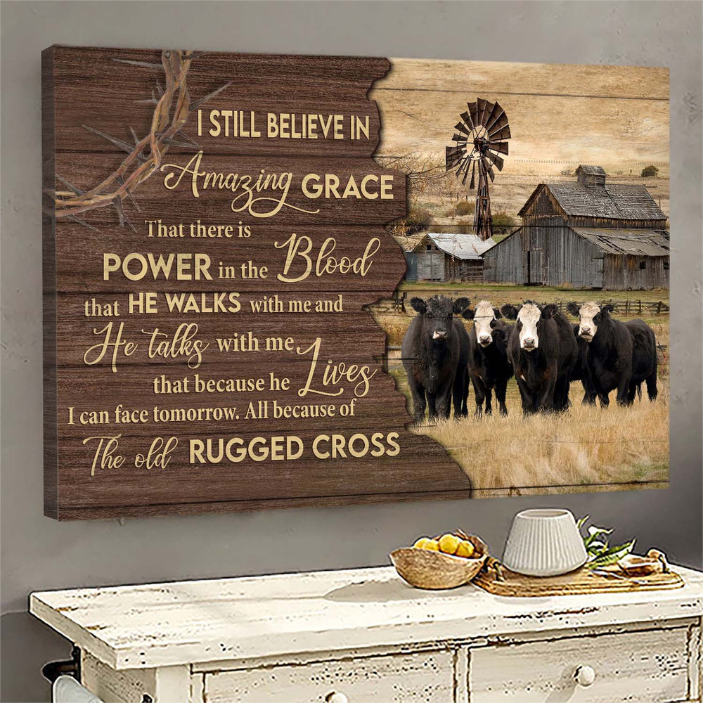 Aberdeen Angus Tranquil Farm Jesus The Old Rugged Cross Canvas Wall Art - Christian Poster - Religious Wall Decor