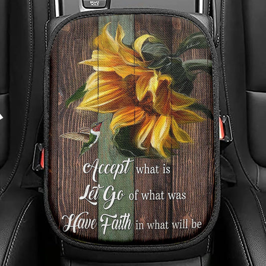 Accept Let Go Have Faith Sunflower Hummingbird Seat Box Cover, Bible Verse Car Center Console Cover, Religious Car Interior Accessories