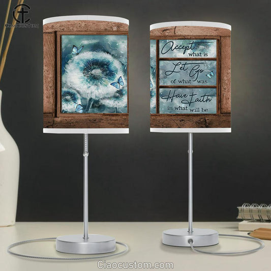 Accept What Is Let Go Dandelion Blue Butterfly Table Lamp For Bedroom - Bible Verse Table Lamp - Religious Room Decor