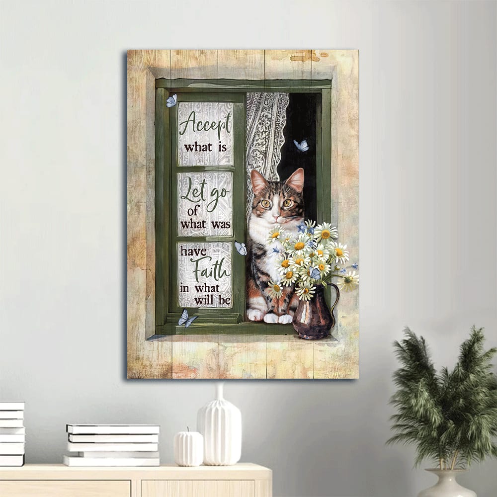 Accept What Is Let Go Of What Was Canvas Wall Art - Cat & Daisy Vase & Green Window Portrait Canvas