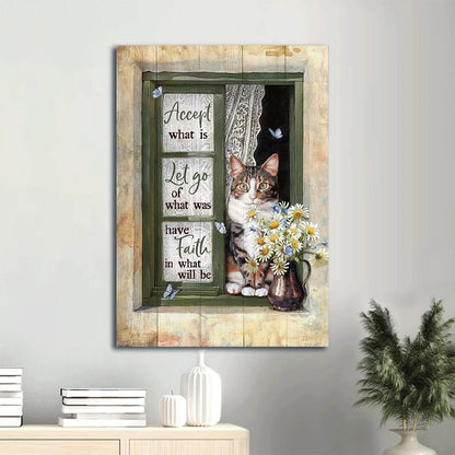 Accept What Is Let Go Of What Was Canvas Wall Art - Cat & Daisy Vase & Green Window Portrait Canvas