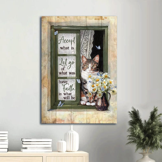 Accept What Is Let Go Of What Was Canvas Wall Art - Cat & Daisy Vase & Green Window Portrait Canvas