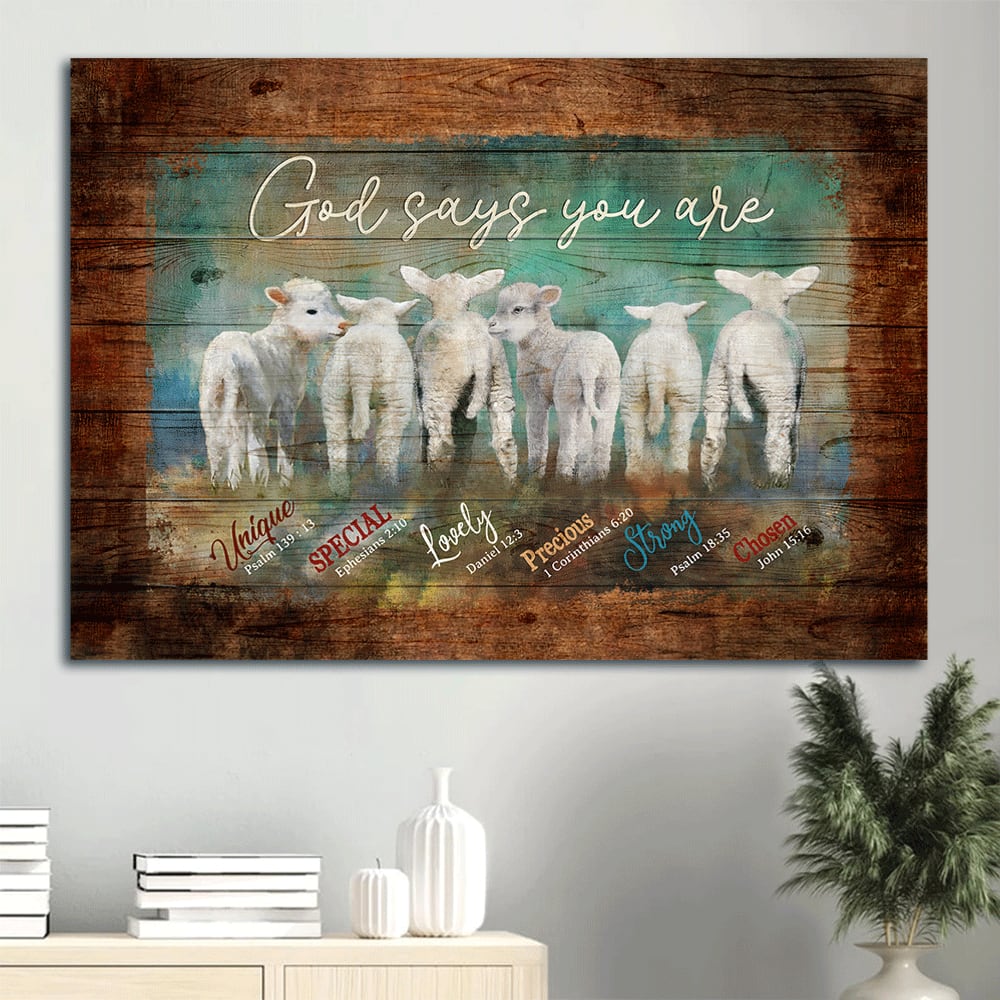Adorable Baby Lambs God Says You Are Unique Canvas Wall Art - Christian Wall Decor