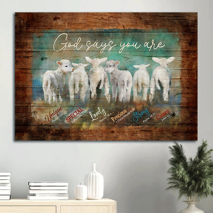 Adorable Baby Lambs God Says You Are Unique Canvas Wall Art - Christian Wall Decor