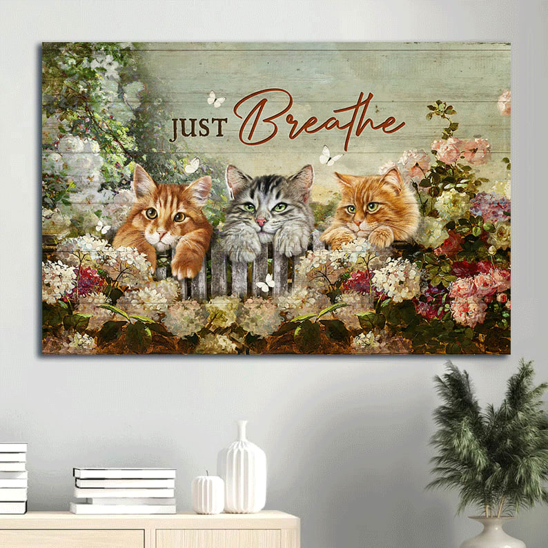 Adorable Cat Stunning Flower Garden Amazing White Butterfly Just Breathe Canvas Wall Art - Christian Wall Decor
