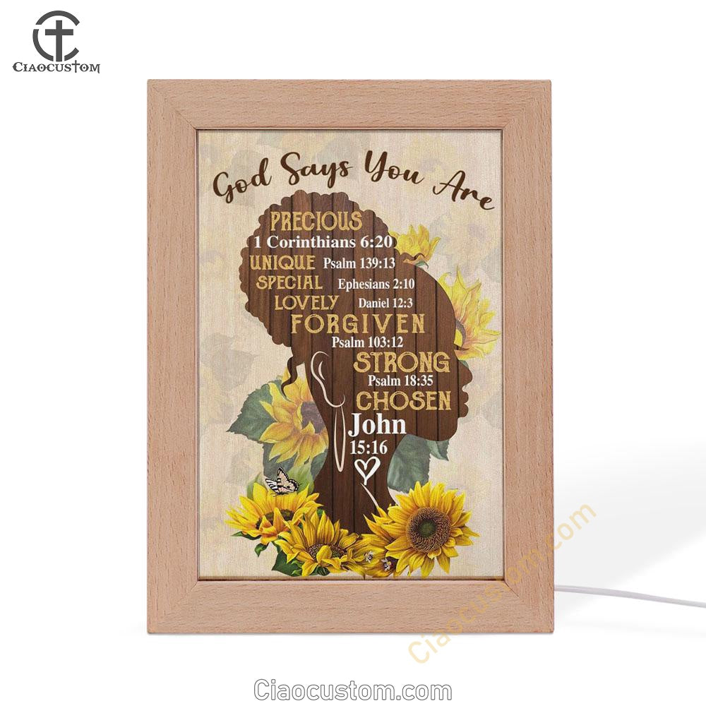 African American God Says You Are Sunflower Frame Lamp Prints - Bible Verse Wooden Lamp - Scripture Night Light