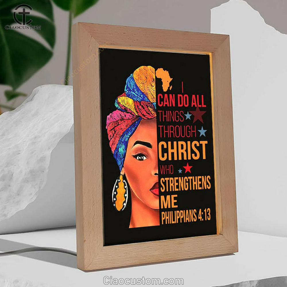 African American I Can Do All Things Through Christ Frame Lamp Prints - Bible Verse Wooden Lamp - Scripture Night Light