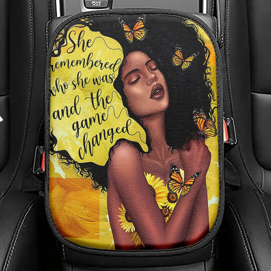 African American Woman Black Seat Box Cover, She Remembered Who She Was And The Game Changed Car Center Console Cover,Encouragement Gifts For Women