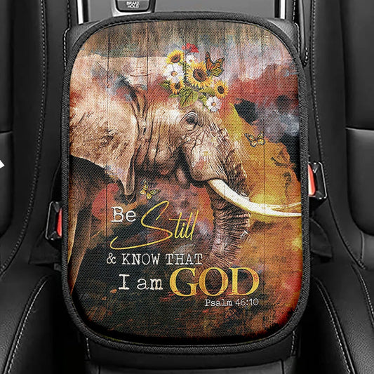 African Elephant Sunflower Be Still And Know That I Am God Seat Box Cover, Christian Car Center Console Cover, Bible Verse Car Interior Accessories