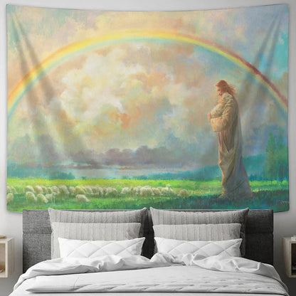 After the Storm Tapestry - Jesus Holding Lamb Tapestry - Jesus Tapestry - Religious Tapestry Wall Hangings - Christian Wall Tapestry - Ciaocustom