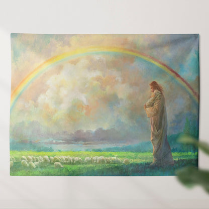 After the Storm Tapestry - Jesus Holding Lamb Tapestry - Jesus Tapestry - Religious Tapestry Wall Hangings - Christian Wall Tapestry - Ciaocustom