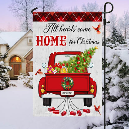 All Hearts Come Home For Christmas Red Truck Flag - Religious Christmas House Flags