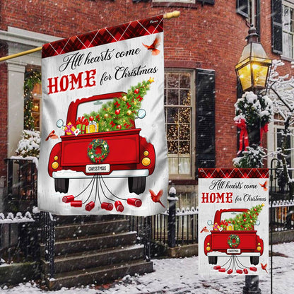 All Hearts Come Home For Christmas Red Truck Flag - Religious Christmas House Flags