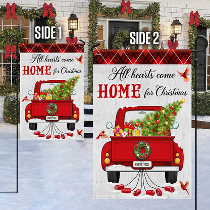 All Hearts Come Home For Christmas Red Truck Flag - Religious Christmas House Flags