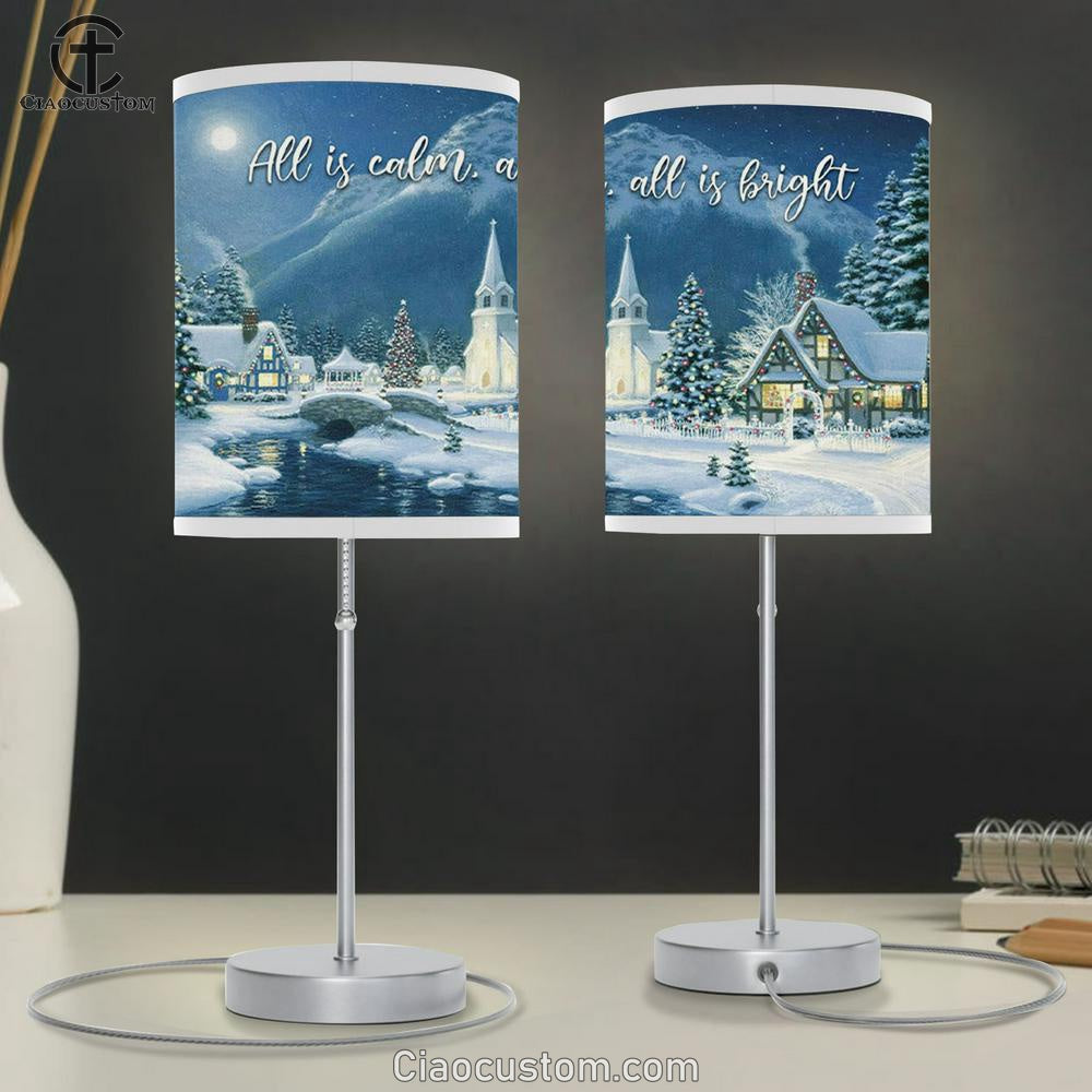 All Is Calm All Is Bright - Country Church Starry Night - Christmas Table Lamp For Bedroom - Christian Room Decor