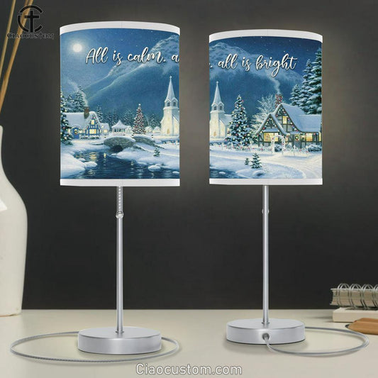 All Is Calm All Is Bright - Country Church Starry Night - Christmas Table Lamp For Bedroom - Christian Room Decor