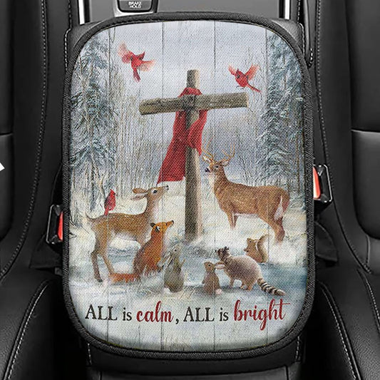 All Is Calm All Is Bright Animal Wooden Cross Seat Box Cover, Christian Car Center Console Cover, Bible Verse Car Interior Accessories