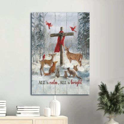 All Is Calm All Is Bright Canvas Wall Art - Cute Animals In Snow Painting