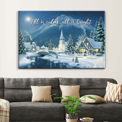 All Is Calm All Is Bright, Country Church Starry Night, Christmas Wall Art Canvas - Religious Wall Decor