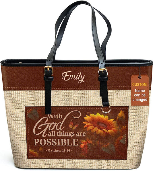 All Things Are Possible Personalized Large Leather Tote Bag - Christian Inspirational Gifts For Women