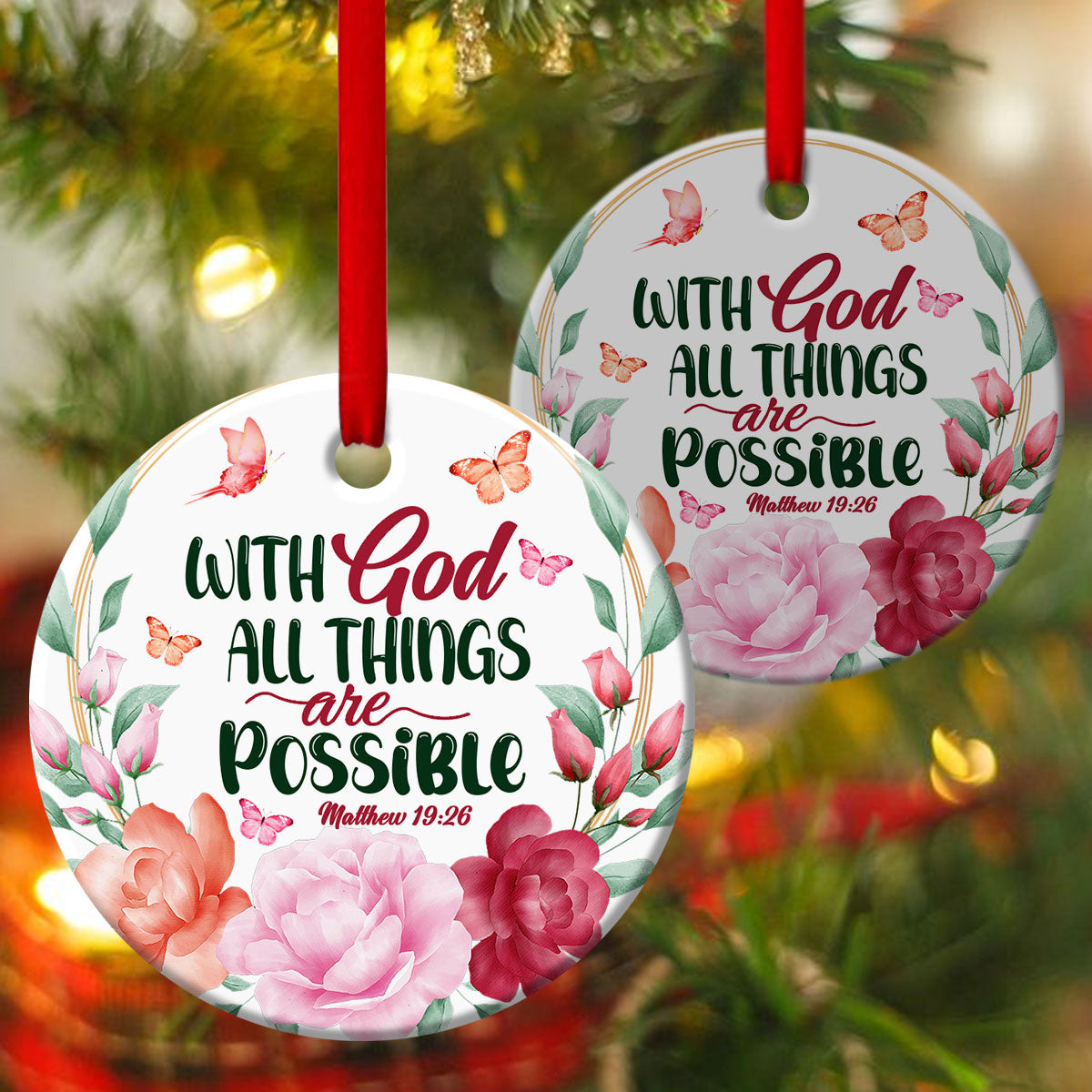 All Things Are Possible With God - Flower Ceramic Circle Ornament - Christian Gift For Friends