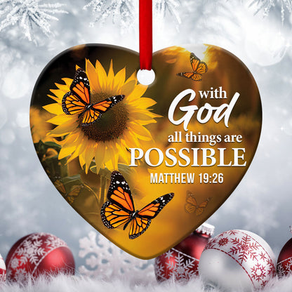 All Things Are Possible With God - Sunflower Ceramic Heart Ornament - Christmas Decor - Funny Ornament