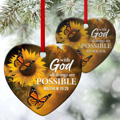 All Things Are Possible With God - Sunflower Ceramic Heart Ornament - Christmas Decor - Funny Ornament