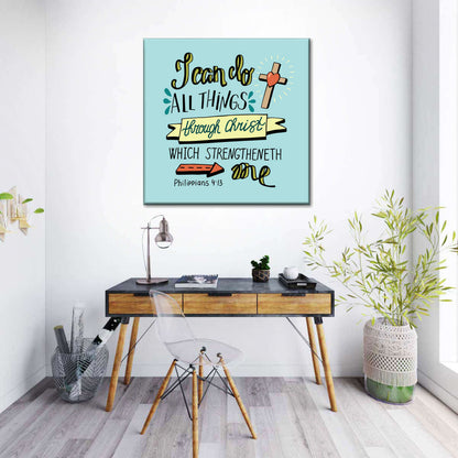 All Things Through Christ Bible Verse Square Canvas Wall Art - Bible Verse Wall Art Canvas - Religious Wall Hanging