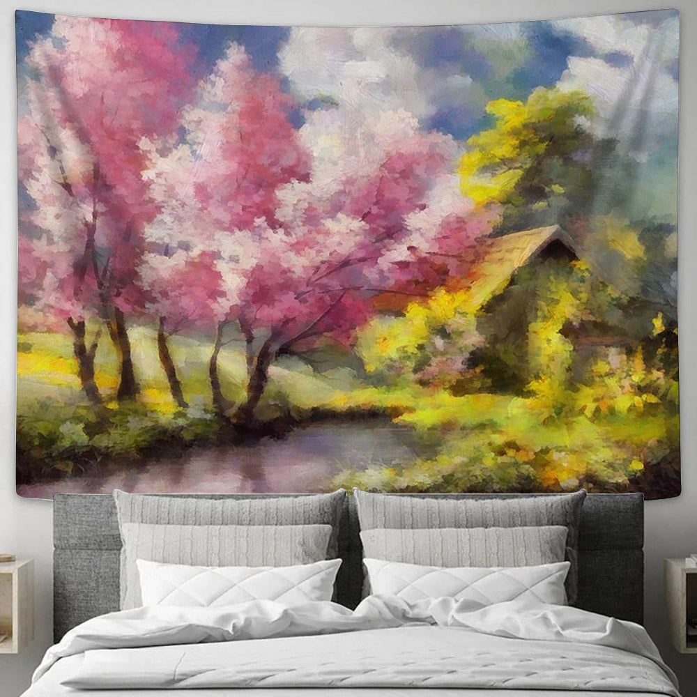 Almond Tree Nature Forest Painting Tapestry - Tapestry Wall Decor - Home Decor Living Room