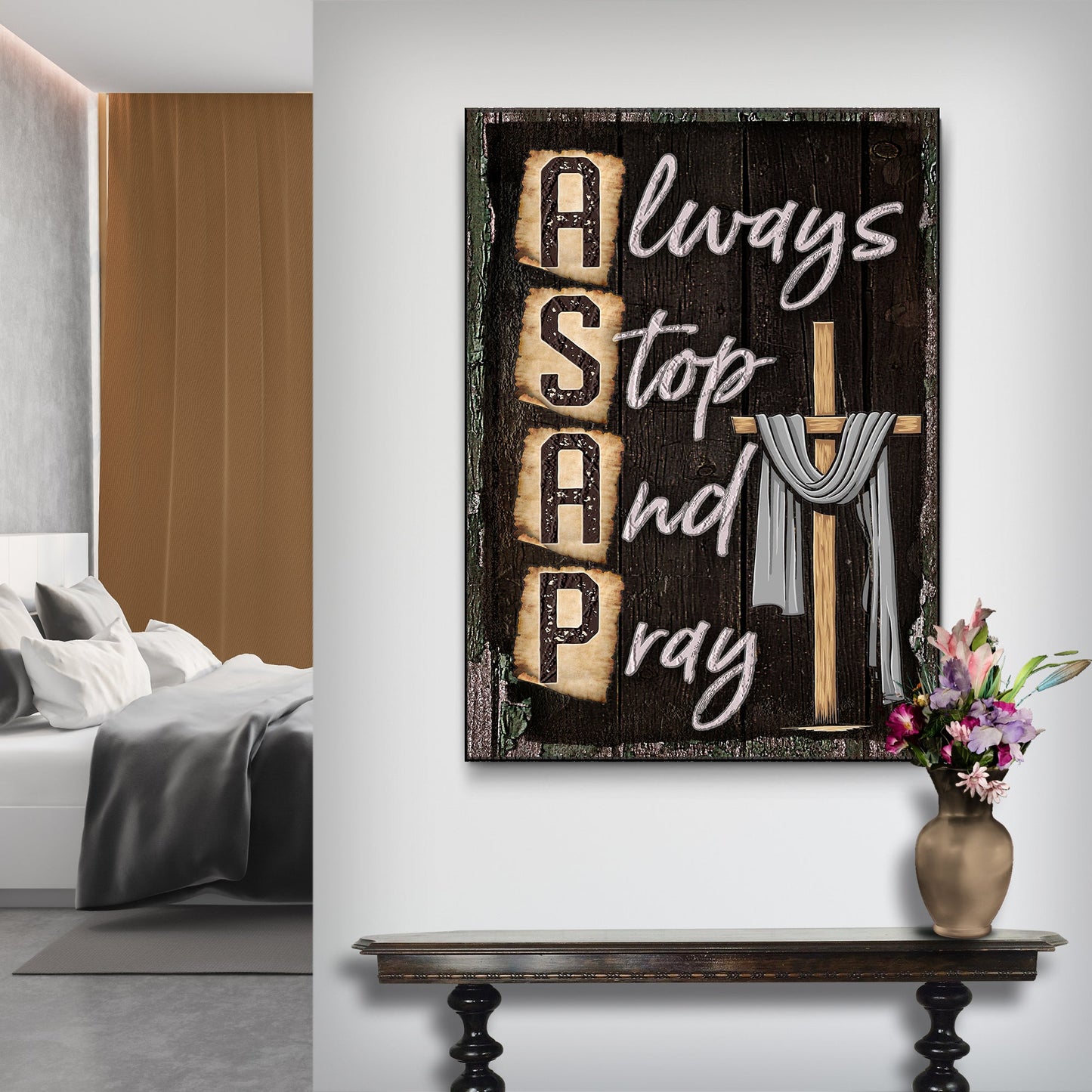 Always Stop And Pray Cross Canvas Wall Art - Christian Wall Decor - Bible Verse Canvas Art