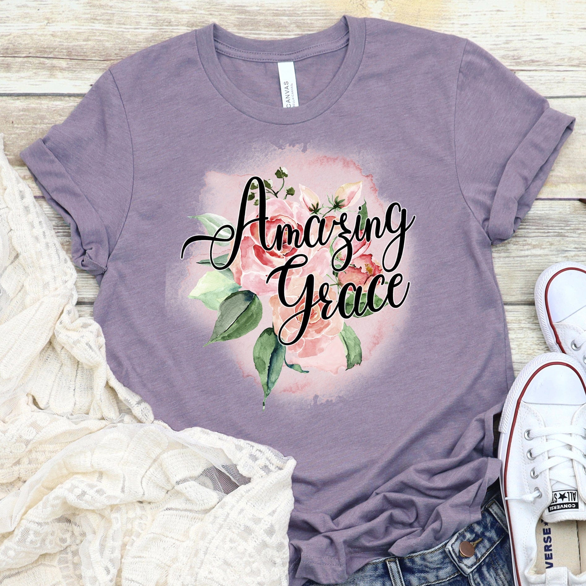 Amazing Grace Rose T Shirts For Women - Women's Christian T Shirts - Women's Religious Shirts