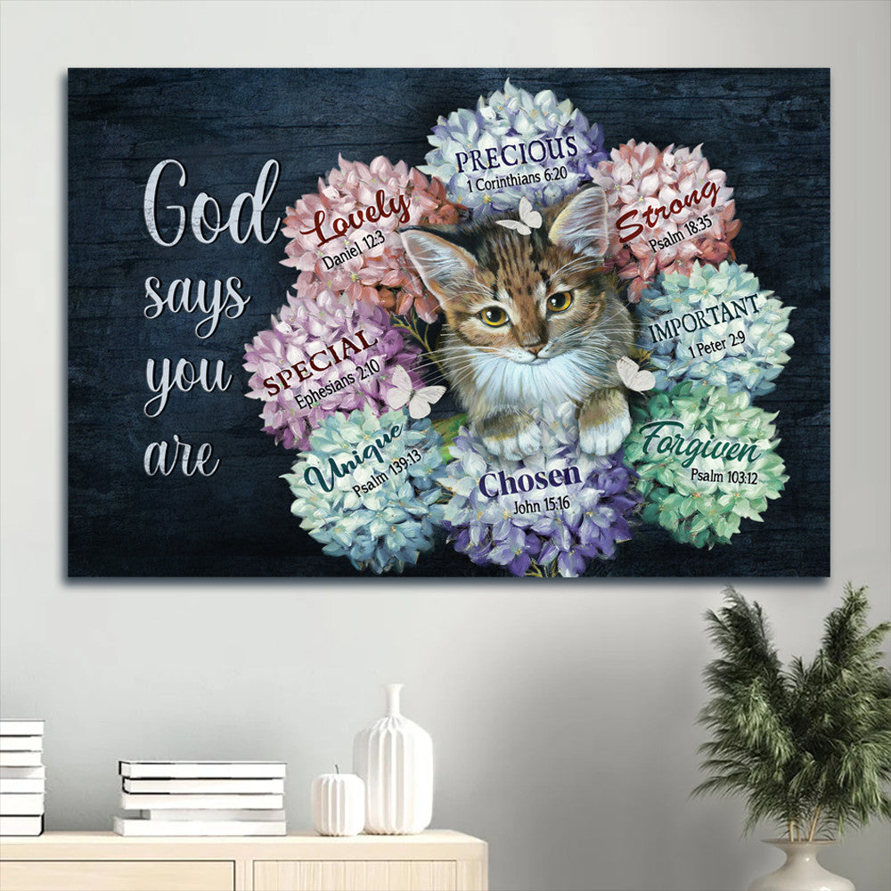 Amazing Cat Colorful Hydrangea Butterfly God Says You Are Canvas Wall Art - Christian Wall Decor