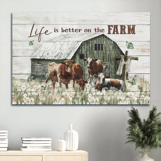Amazing Cow Drawing Dandelion Field Old Barn Life Is Better On The Farm Canvas Wall Art - Christian Wall Decor