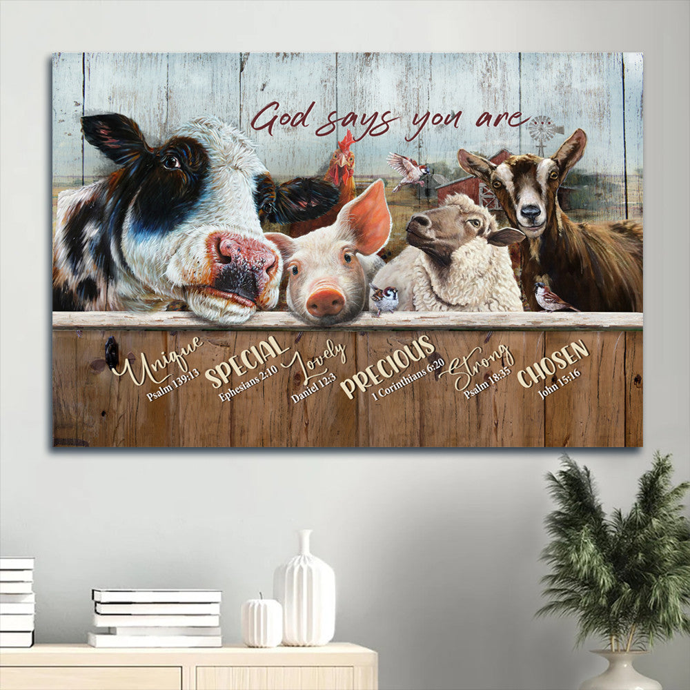 Amazing Dairy Cow Animal Drawing Rooster Canvas God Says You Are Canvas Wall Art - Christian Wall Decor