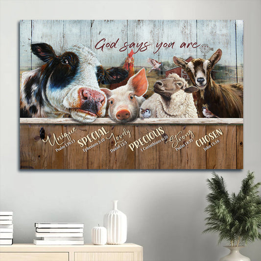 Amazing Dairy Cow Animal Drawing Rooster Canvas God Says You Are Canvas Wall Art - Christian Wall Decor