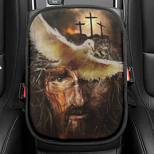Amazing Dove With Olive Branch, Three Wooden Crosses, Beautiful Jesus Painting Car Center Console Cover, Christian Armrest Seat Cover, Bible Seat Box Cover