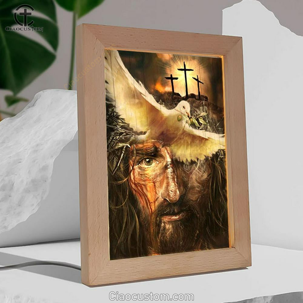 Amazing Dove With Olive Branch, Three Wooden Crosses, Beautiful Jesus Painting Frame Lamp