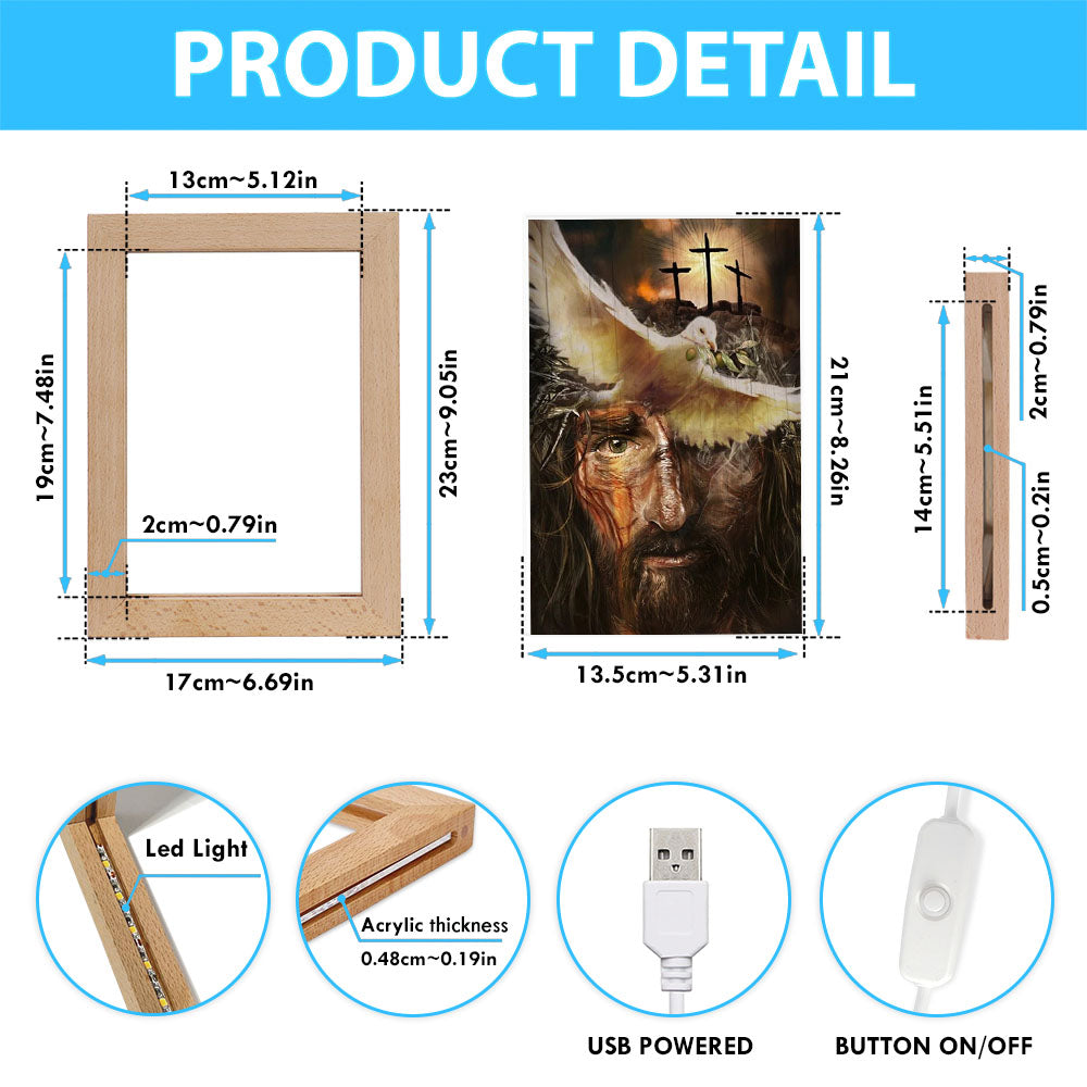 Amazing Dove With Olive Branch, Three Wooden Crosses, Beautiful Jesus Painting Frame Lamp