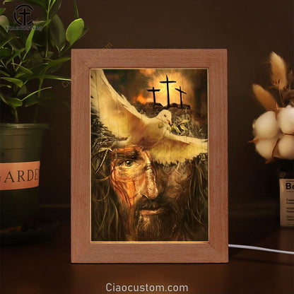 Amazing Dove With Olive Branch, Three Wooden Crosses, Beautiful Jesus Painting Frame Lamp
