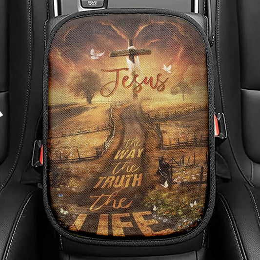 Amazing Farm, Pretty Sunset, Daisy Field, Jesus The Way, The Truth, The Life Car Center Console Cover, Christian Armrest Seat Cover, Bible Seat Box Cover