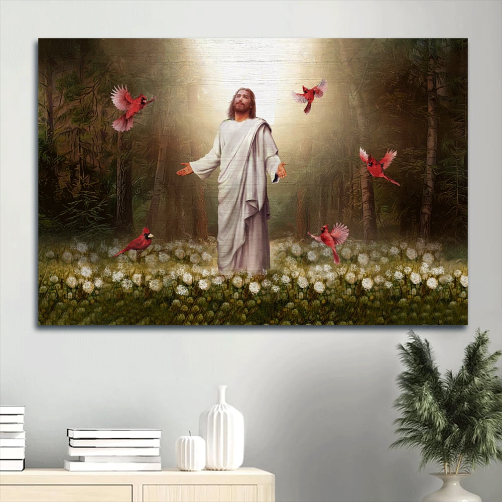 Amazing Forest Jesus Painting Pretty Cardinal Beautiful Dandelion Field Canvas Wall Art - Christian Wall Decor