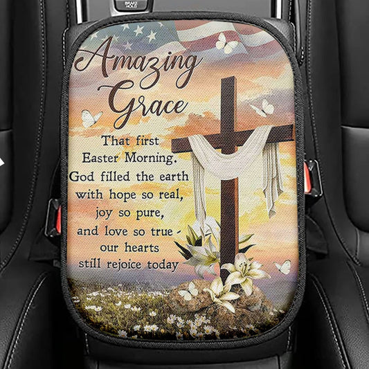 Amazing Grace Beautiful Cross Lily Flower Seat Box Cover, Bible Verse Car Center Console Cover, Inspirational Car Interior Accessories