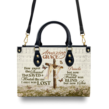 Amazing Grace Cross  Personalized Leather Handbag With Zipper - Inspirational Gift Christian Ladies