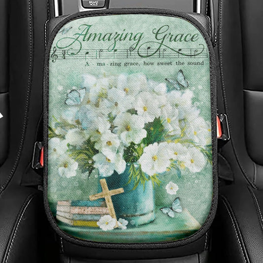 Amazing Grace Flower Cross Book Butterfly Seat Box Cover, Christian Car Center Console Cover, Religious Car Interior Accessories