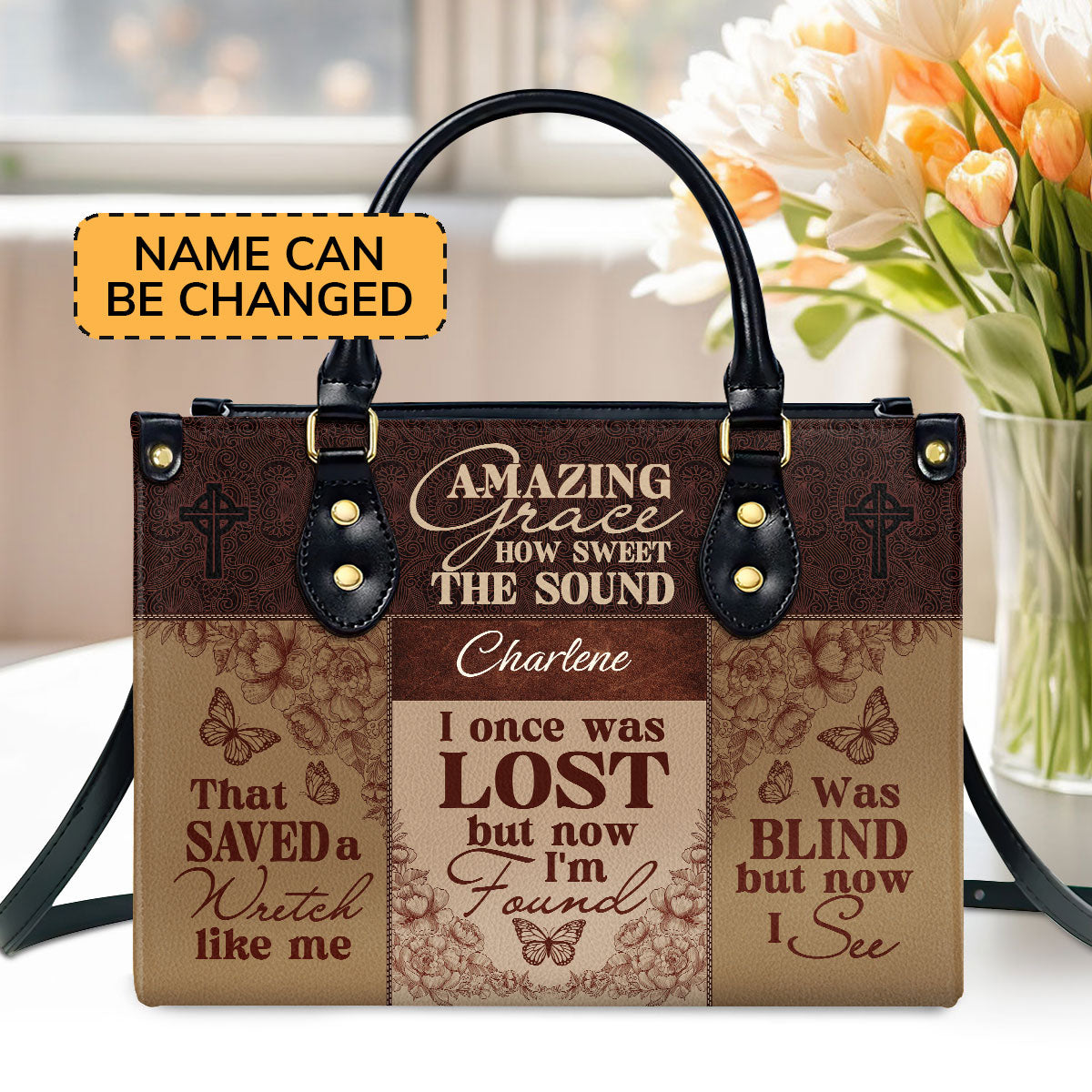 Amazing Grace  Personalized Leather Handbag With Zipper - Inspirational Gift Christian Ladies